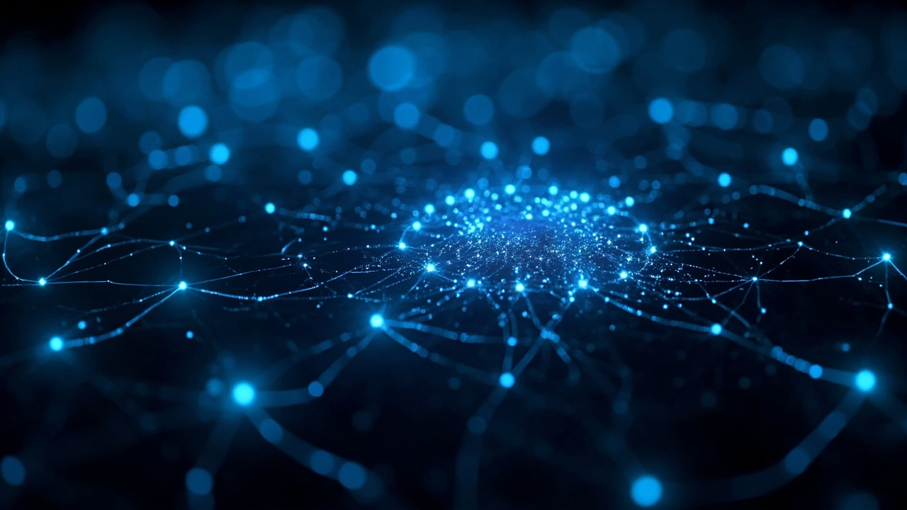 Imagen generada por IA con el prompt: Abstract neural network diagram with glowing nodes connected by flowing light lines, representing stacked transformer layers and rotating token vectors in a deep blue digital space, editorial style.