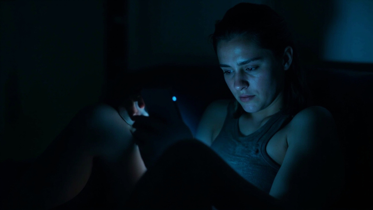 Imagen generada por IA con el prompt: Person sitting on a couch in a dimly lit room, holding a glowing smartphone with a blank stare, soft blue light from the screen illuminating their face, conveying aimless scrolling and digital fatigue, editorial photo st