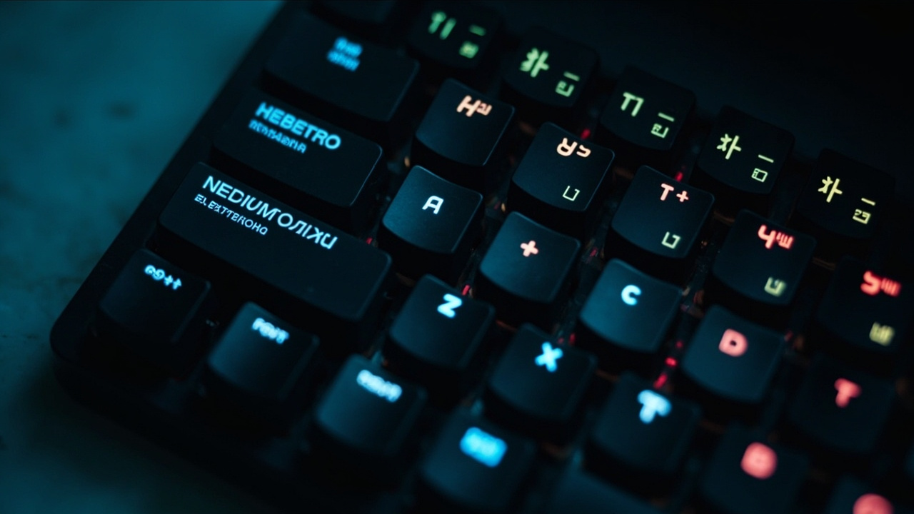 Imagen generada por IA con el prompt: Top-down view of a minimalist keyboard with glowing keys for English, Russian, and Ukrainian labels, highlighted in blue, red, and yellow. Clean desk, soft lighting, no people or logos.