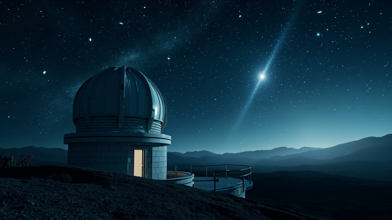 Imagen generada por IA con el prompt: Vera C. Rubin Observatory telescope dome on Cerro Pachón under a starry sky with streaks of asteroids and a bright supernova in the distance, wide-angle shot, no faces, no text.