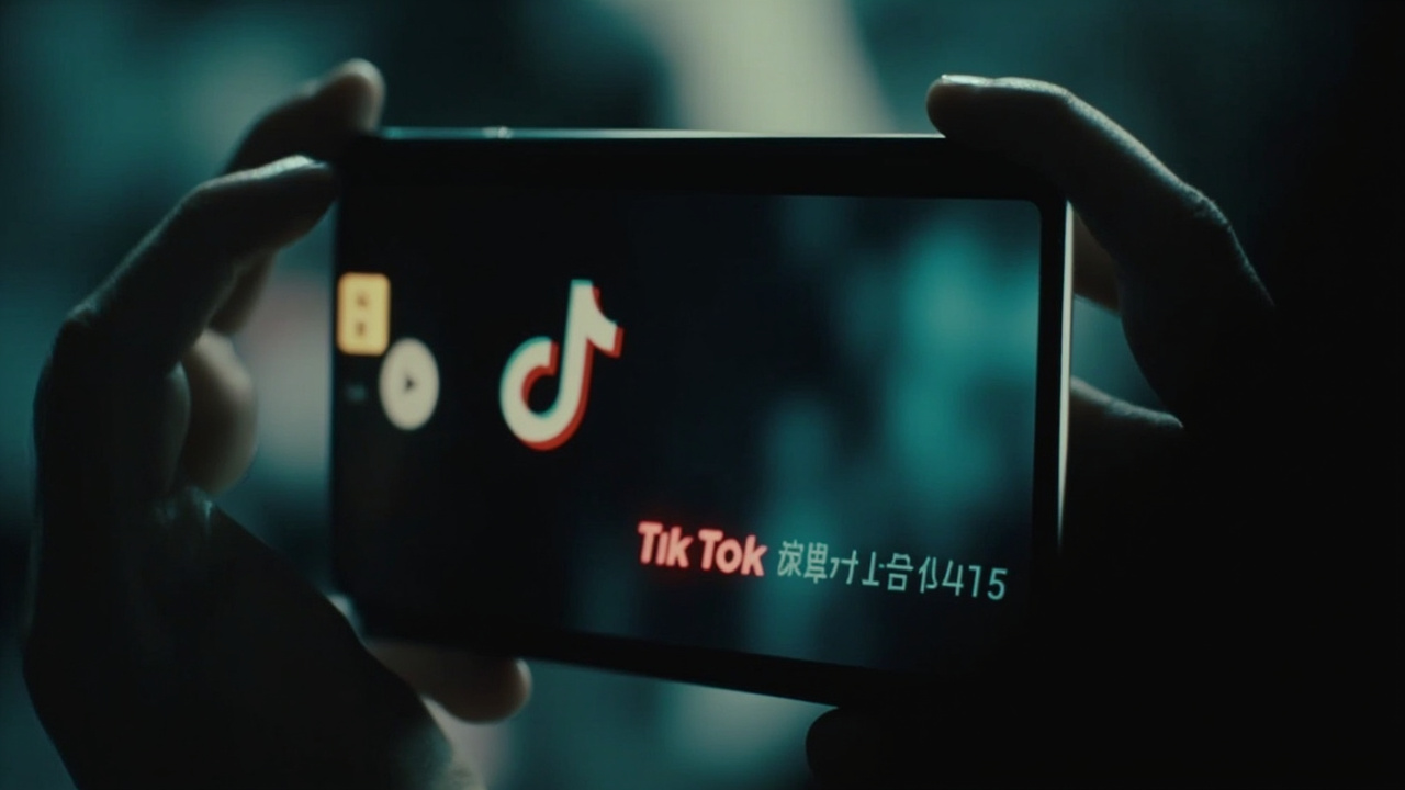 Imagen generada por IA con el prompt: Documentary film still. Abstract, blurred background of a smartphone screen displaying TikTok interface. Focus on the feeling of digital anxiety and political tension. Cinematic lighting, muted colors.