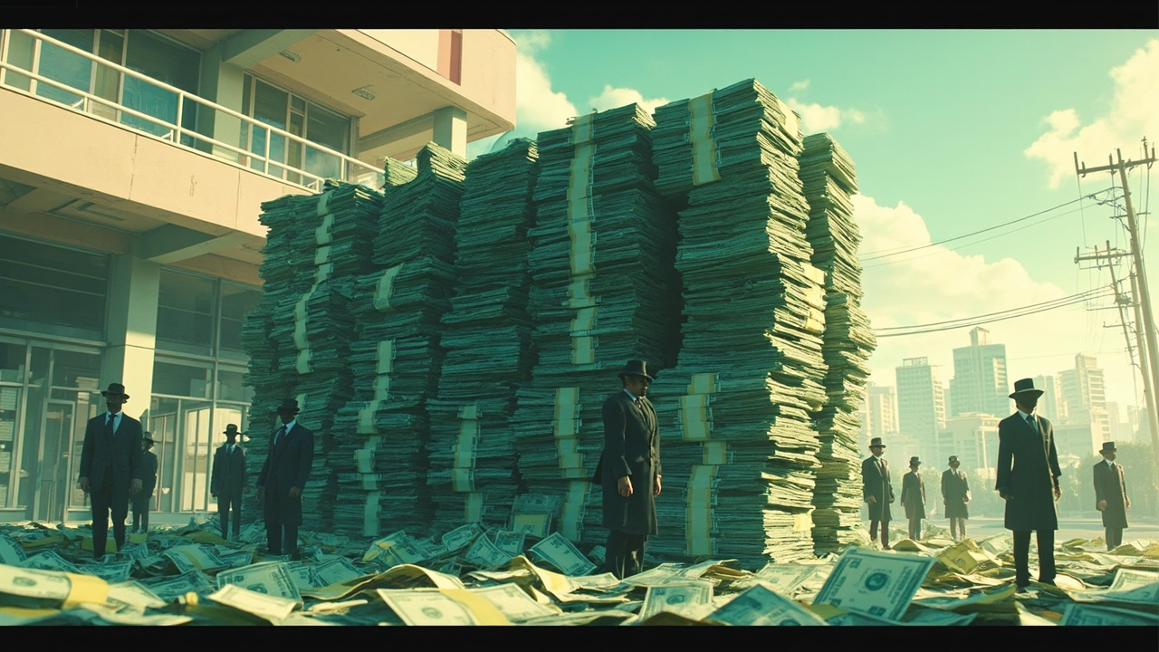 Imagen generada por IA con el prompt: Editorial illustration: a colossal stack of dollar bills dwarfing tiny human silhouettes, with a faded 1980s storefront and a modern tech campus outline in the background, muted conceptual colors.
