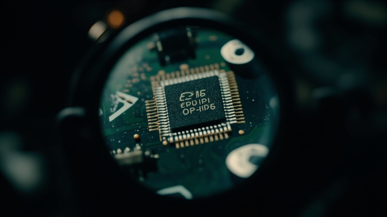 Imagen generada por IA con el prompt: Close-up of a vintage analog mixing console circuit board showing a dual op-amp chip in a socket, magnifying glass highlighting the IC, moody studio lighting, editorial photo style