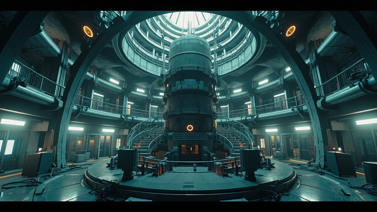 Imagen generada por IA con el prompt: Small modular nuclear reactor test facility at a research lab, cylindrical metallic containment structure, industrial setting, photorealistic editorial style