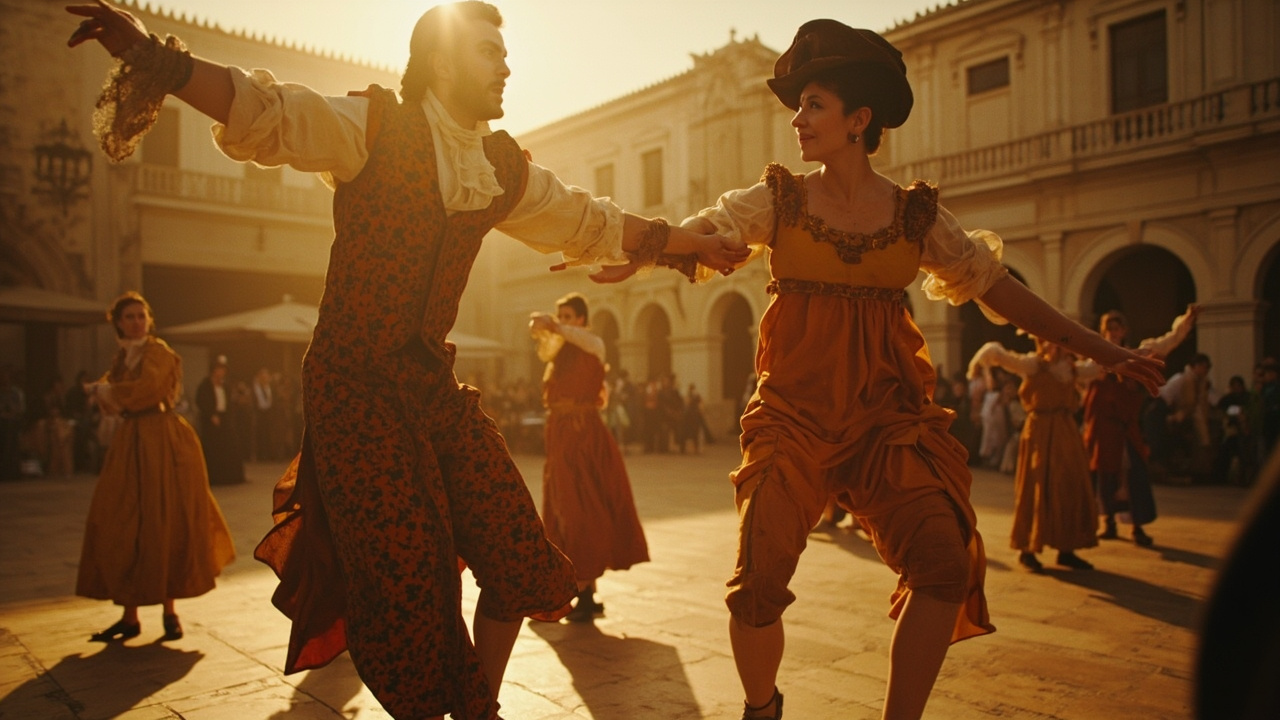 Imagen generada por IA con el prompt: Baroque dancers in period costumes performing the minuet in a sunlit Canary Islands plaza, festive warm atmosphere, eighteenth century ambience