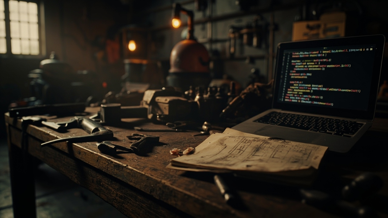 Imagen generada por IA con el prompt: A vintage motorcycle workshop with scattered tools and a grease-stained manual open on a wooden workbench, soft glow of code on a nearby laptop screen, warm editorial lighting, contemplative mood