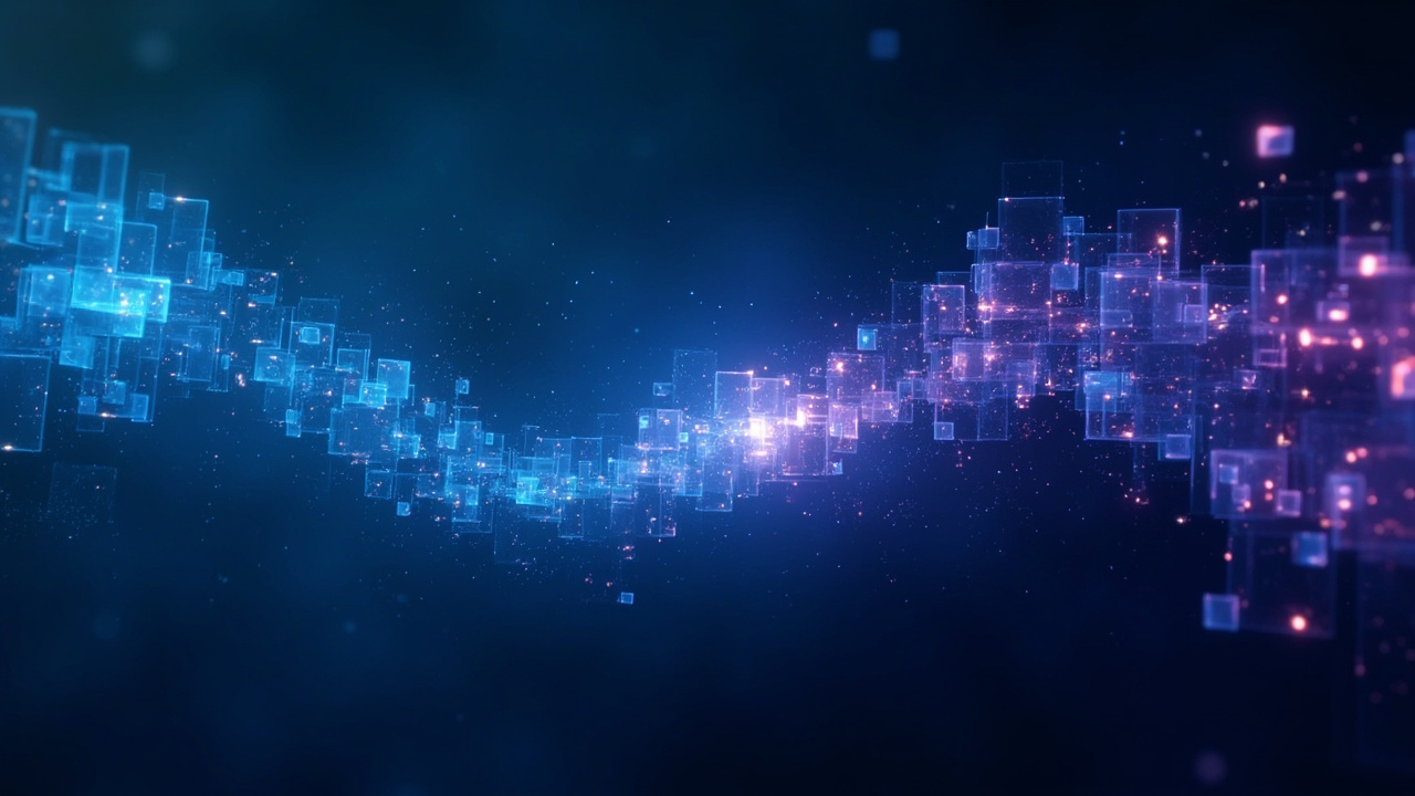 Imagen generada por IA con el prompt: Two AI agent nodes connected by a flowing stream of editable context blocks, one node reshaping the stream between turns, abstract digital art, cool blue and violet tones, editorial illustration