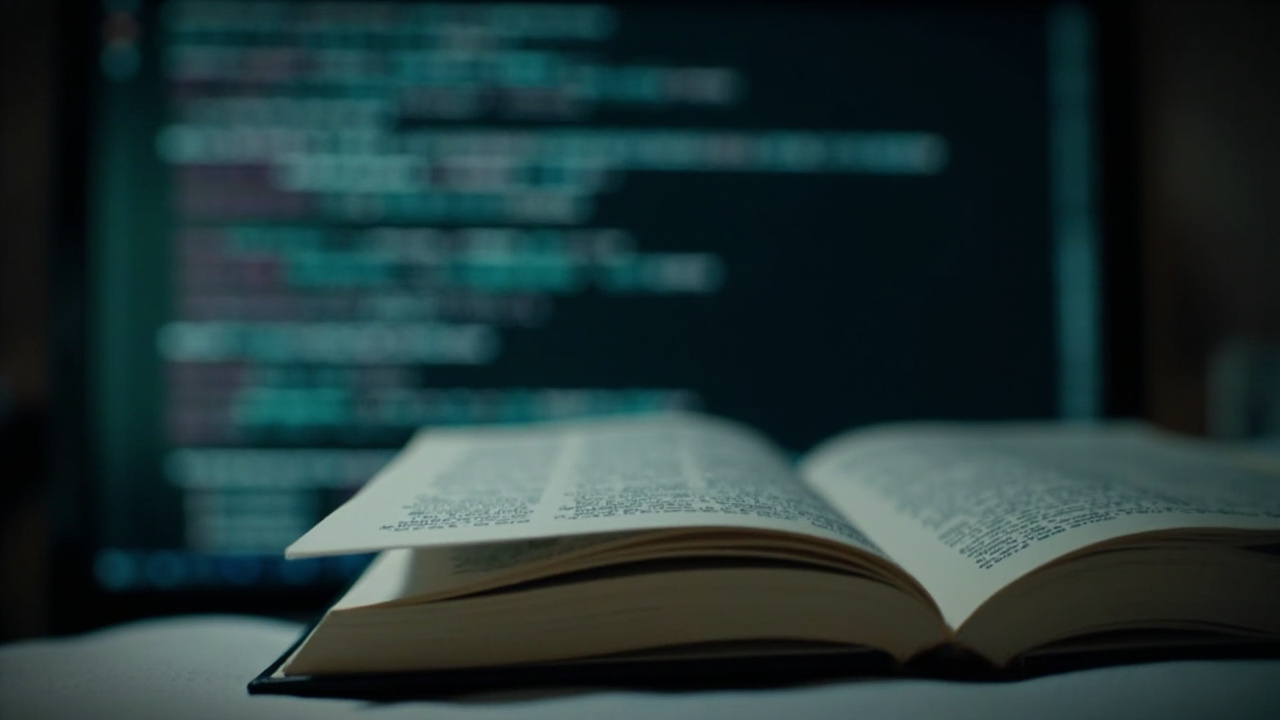 Imagen generada por IA con el prompt: Generic academic book back cover with placeholder filler text, blurred computer code on a monitor behind, editorial still life, neutral lighting, no people