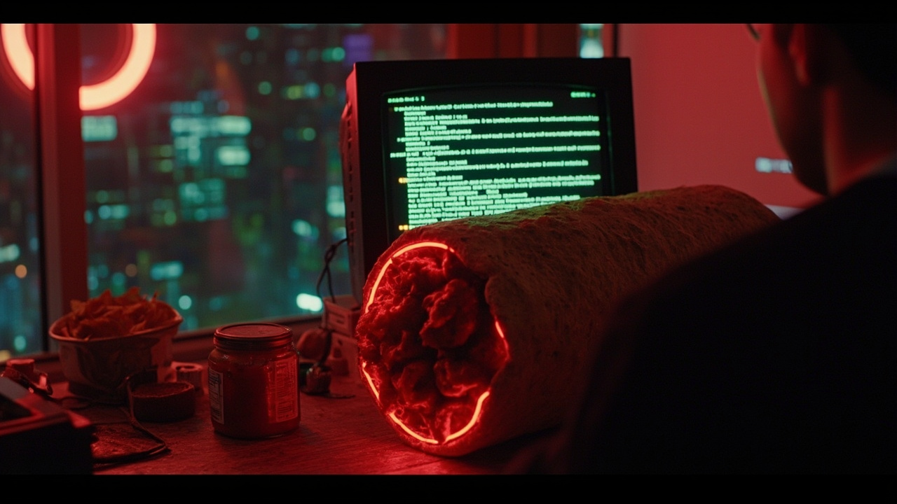 Imagen generada por IA con el prompt: A neon-lit terminal shaped like a giant burrito on a desk, glowing green and red code scrolling on a CRT monitor, retro hacker aesthetic, salsa jars and chips nearby, no faces or logos