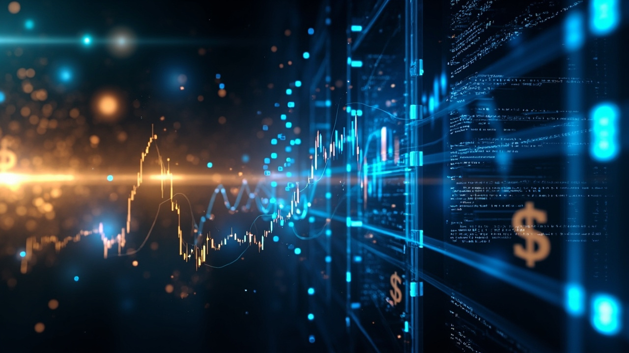 Imagen generada por IA con el prompt: Editorial illustration of a glowing blue server rack overlaid with ascending stock chart lines and floating dollar signs, gold and cyan color palette, futuristic tech atmosphere