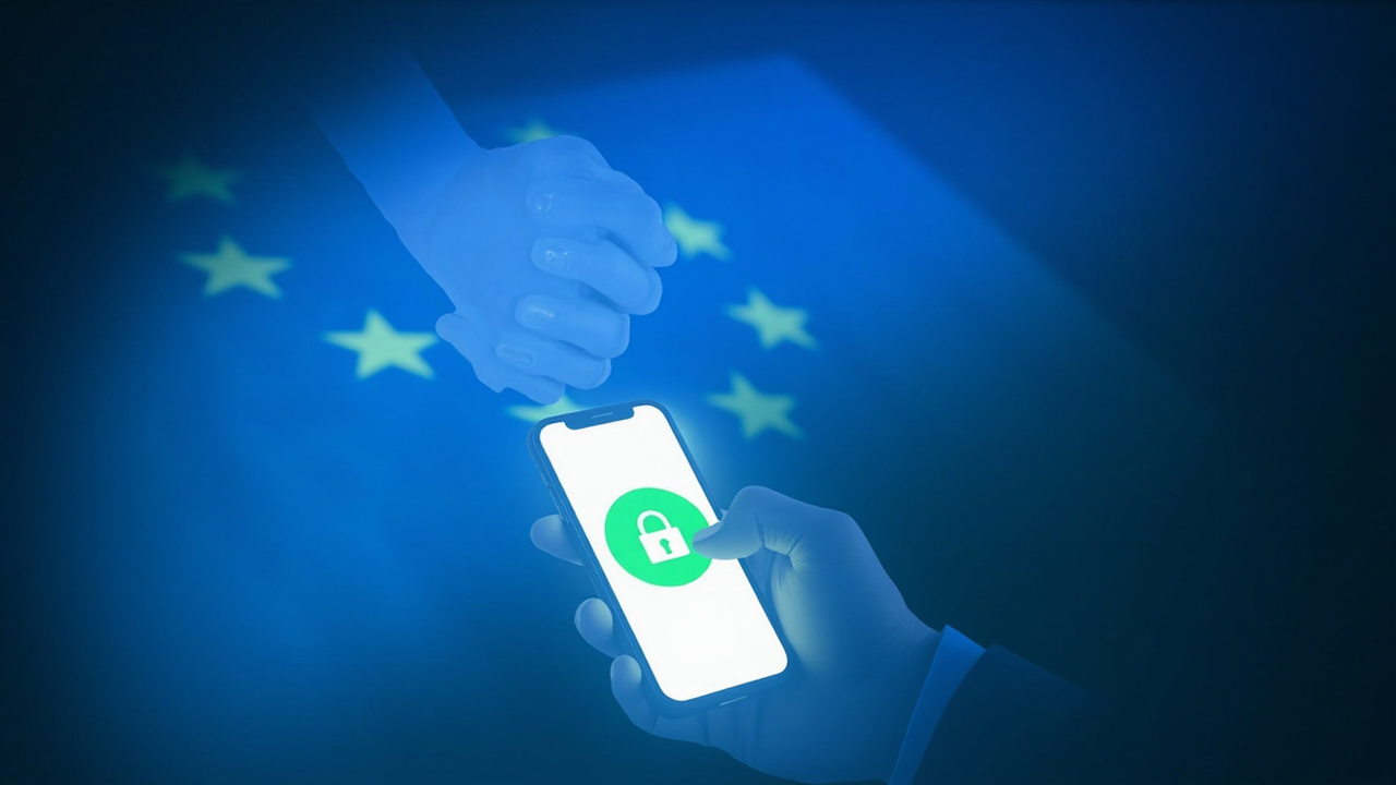 Imagen generada por IA con el prompt: Editorial illustration of a smartphone displaying WhatsApp logo with an unlocked padlock symbol, EU flag in background, corporate handshake silhouette, clean flat style, blue and white palette.