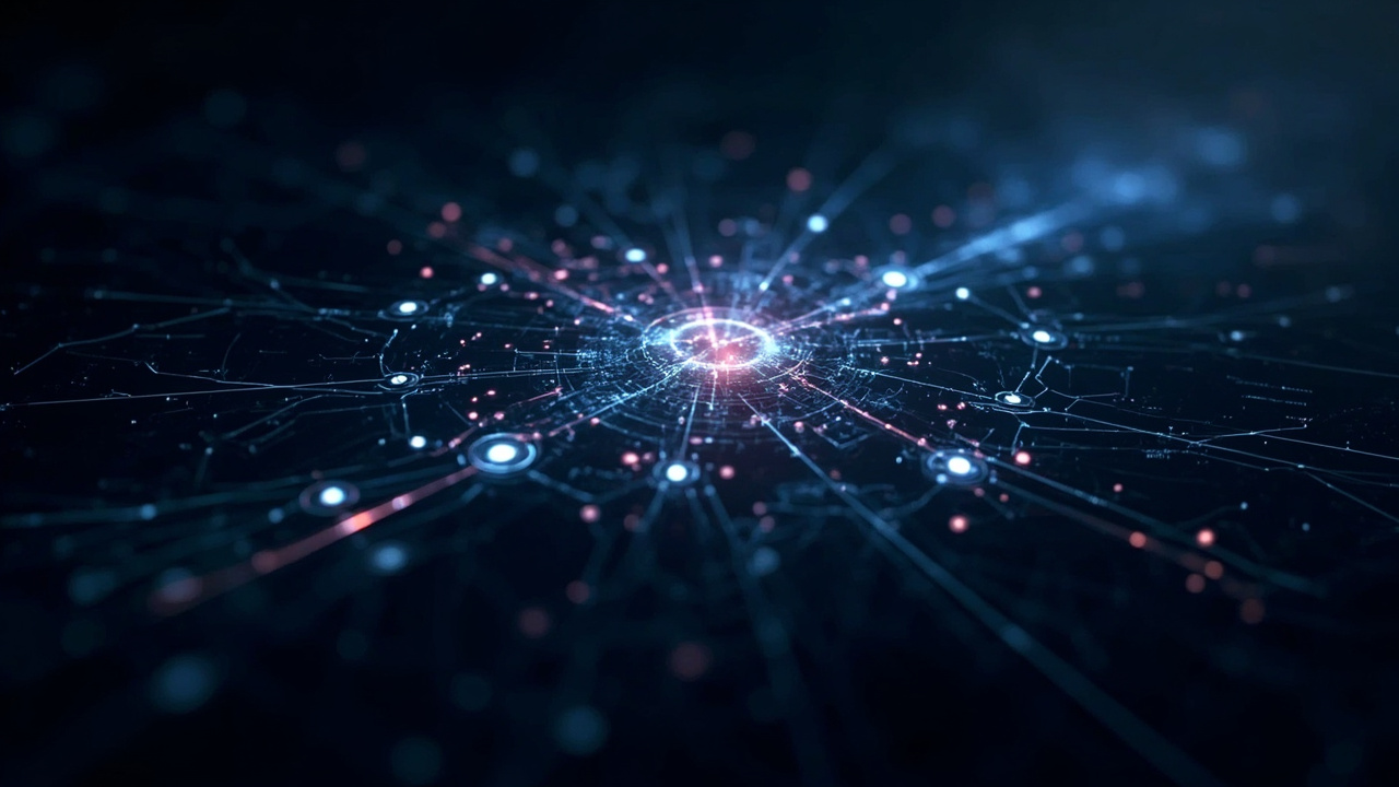 Imagen generada por IA con el prompt: Abstract editorial diagram: glowing interconnected service nodes passing through a central engine, with luminous data streams and traces on a deep navy background, modern technical illustration.