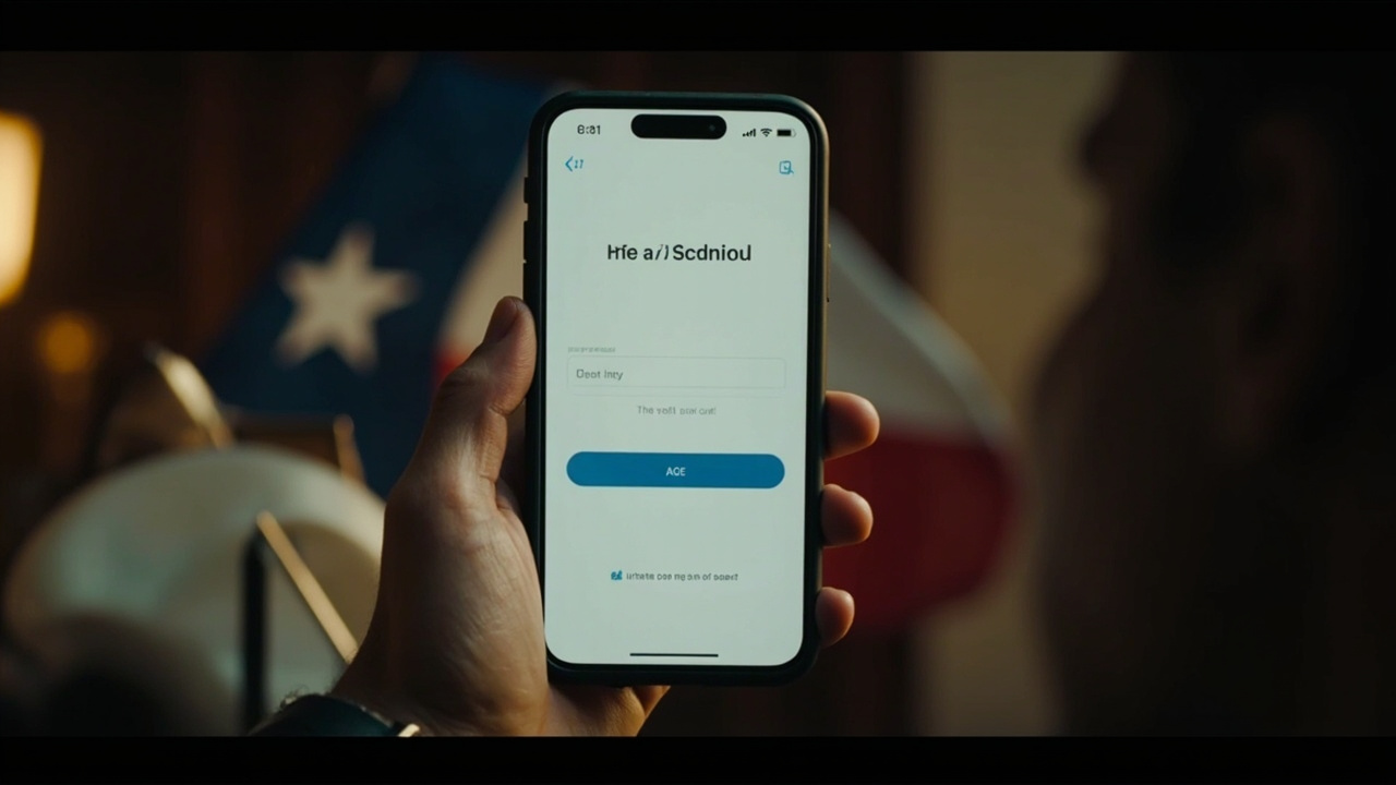 Imagen generada por IA con el prompt: iPhone screen showing age verification prompt with credit card input and Texas flag in background, clean interface, no faces, no logos, editorial style.