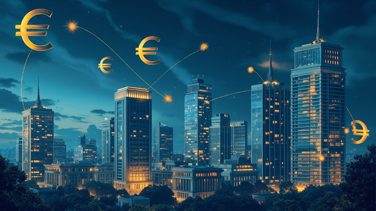 Imagen generada por IA con el prompt: Editorial illustration of Milan's financial district skyline at dusk with classical bank facades, golden euro symbols floating above, subtle merger arrows connecting stylized building silhouettes, cool blue and warm gold