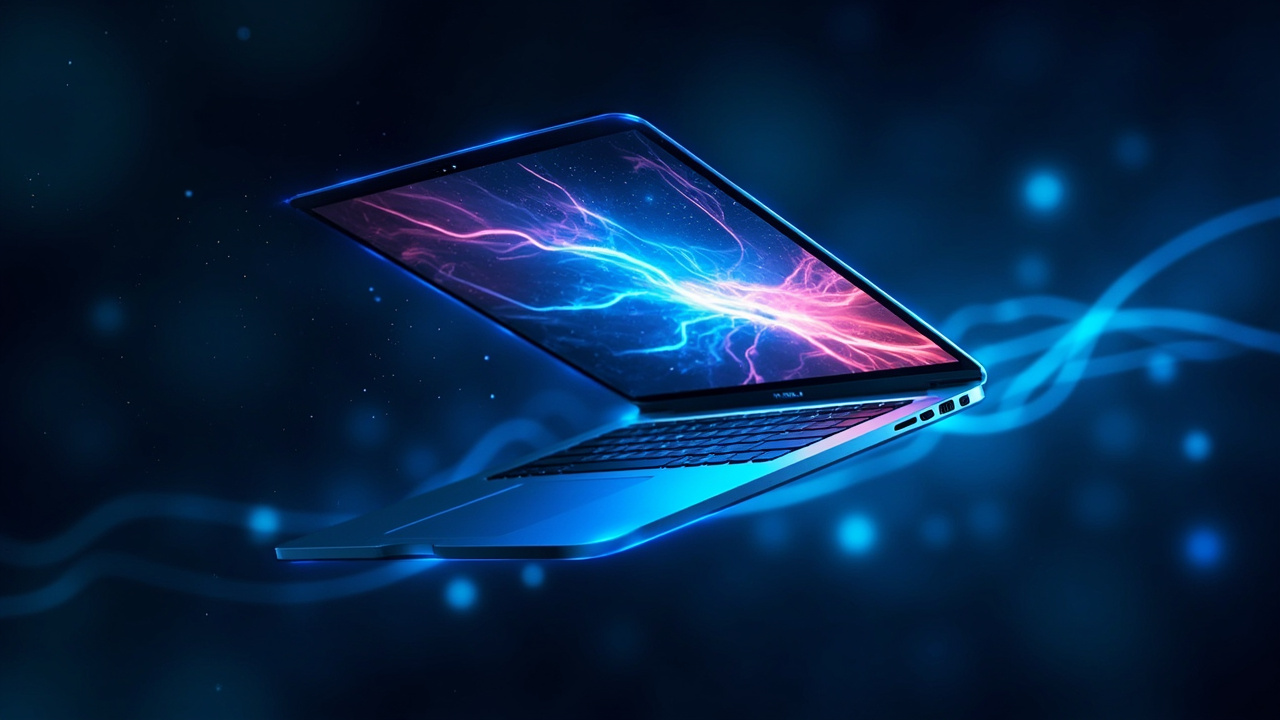 Imagen generada por IA con el prompt: A sleek, ultra-thin laptop with a vibrant mini-LED display, glowing blue accents, floating in a digital space with abstract data streams and neural network patterns, representing high-performance AI and creative work. No