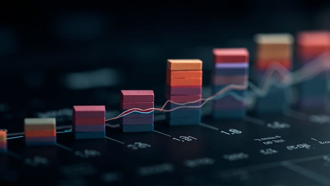 Imagen generada por IA con el prompt: Abstract database visualization: stacked colored blocks representing time-series data chunks on a dark dashboard, with a shrinking arrow motif, technical editorial style, no text or faces.