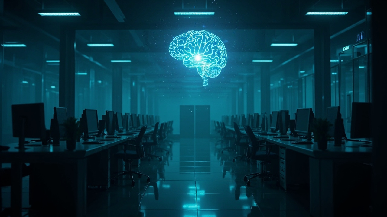 Imagen generada por IA con el prompt: Empty corporate office with rows of dimly lit desks, a single glowing holographic AI brain floating above, cold blue and grey tones, editorial business illustration