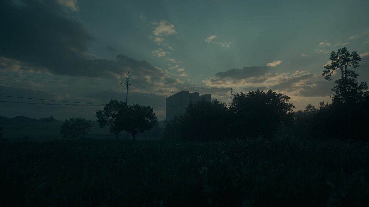Imagen generada por IA con el prompt: Rural American landscape at dusk, massive dark data center buildings partially concealed behind trees and power lines, moody editorial photography style, no people
