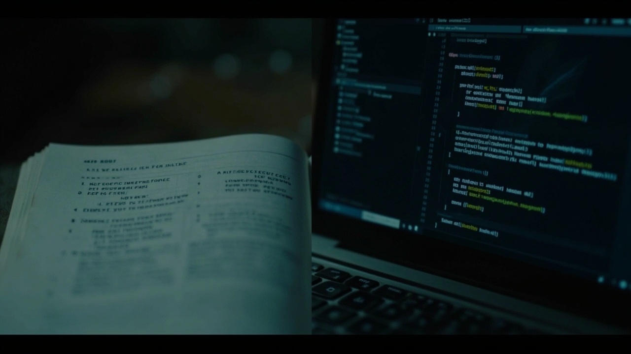 Imagen generada por IA con el prompt: Split screen: left side shows an open SQL textbook from 1995 displaying a SELECT query; right side shows a modern PostgreSQL console with the same query output. A faint mathematical formula in background, no faces.