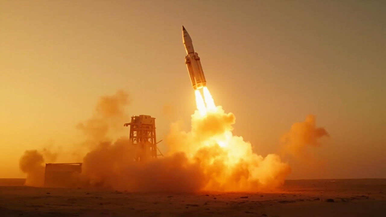 Imagen generada por IA con el prompt: A large reusable rocket lifting off at dawn from a desert launch pad, dramatic exhaust flames and thick smoke billowing, Gobi Desert arid landscape in the background, editorial space photography
