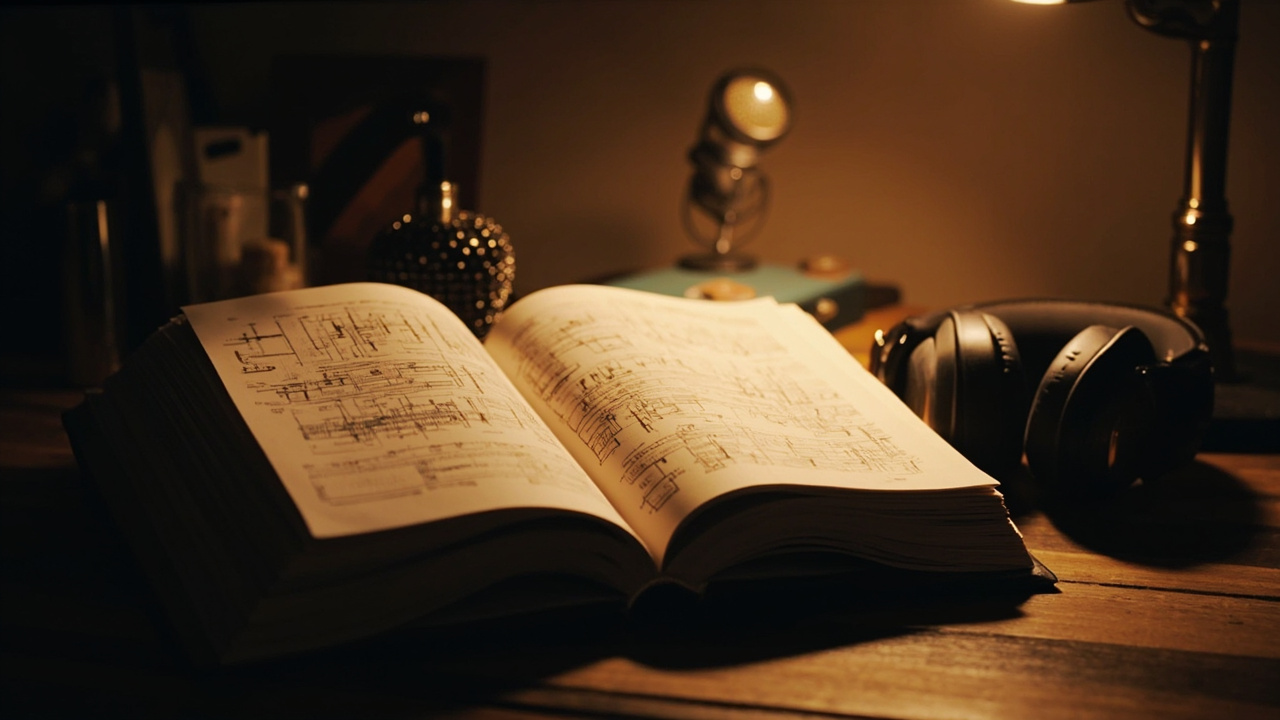 Imagen generada por IA con el prompt: An open hardcover book on a wooden desk showing circuit schematics and transistor diagrams, a podcast microphone and headphones beside it, warm desk lamp glow, editorial still life.