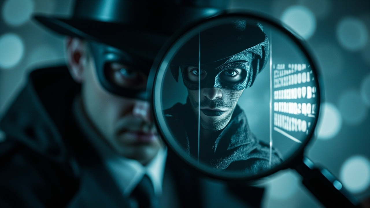 Imagen generada por IA con el prompt: Digital illustration of a professional networking profile page with a magnifying glass revealing a masked spy behind a fake corporate logo, minimalist style, cyber security theme, no text or recognizable faces.