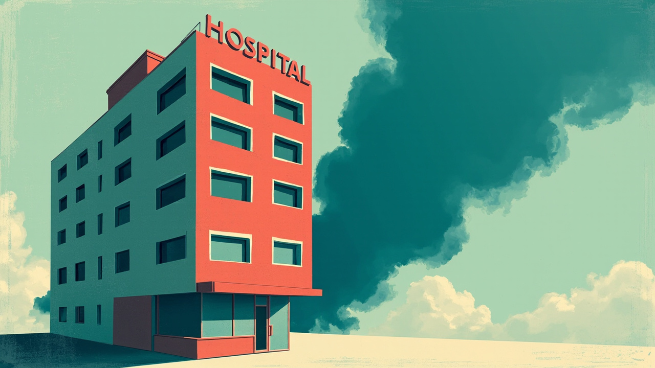 Imagen generada por IA con el prompt: Editorial illustration of a giant hospital building casting a long shadow over a small insurance office, abstract minimal style, muted blue and red palette, no faces or text