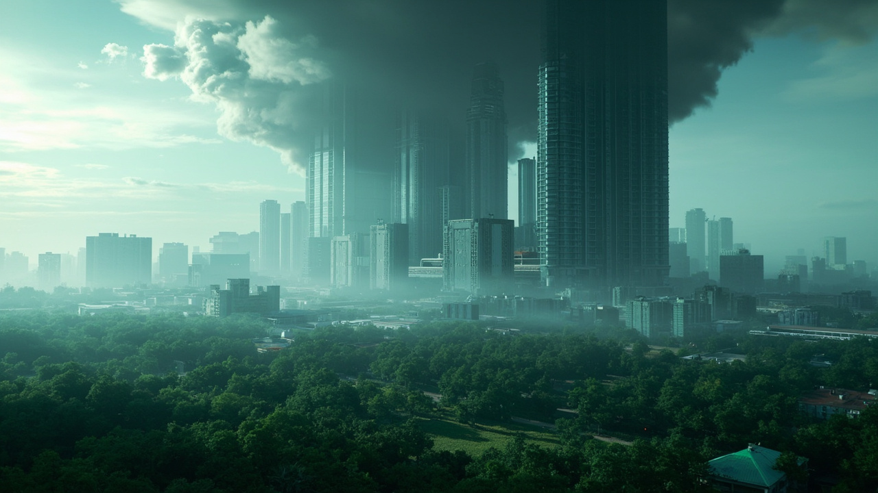 Imagen generada por IA con el prompt: A futuristic, stylized image of a city skyline with a large, dark data center building looming over it, contrasted with lush green parks and residential areas. The overall tone is slightly dystopian, hinting at the poten