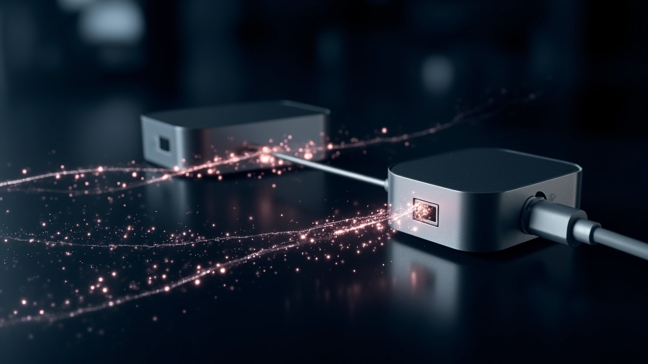 Imagen generada por IA con el prompt: Two compact mini PCs linked by a glowing USB-C cable with abstract data packets and light trails streaming between them, dark tech lab setting, editorial illustration