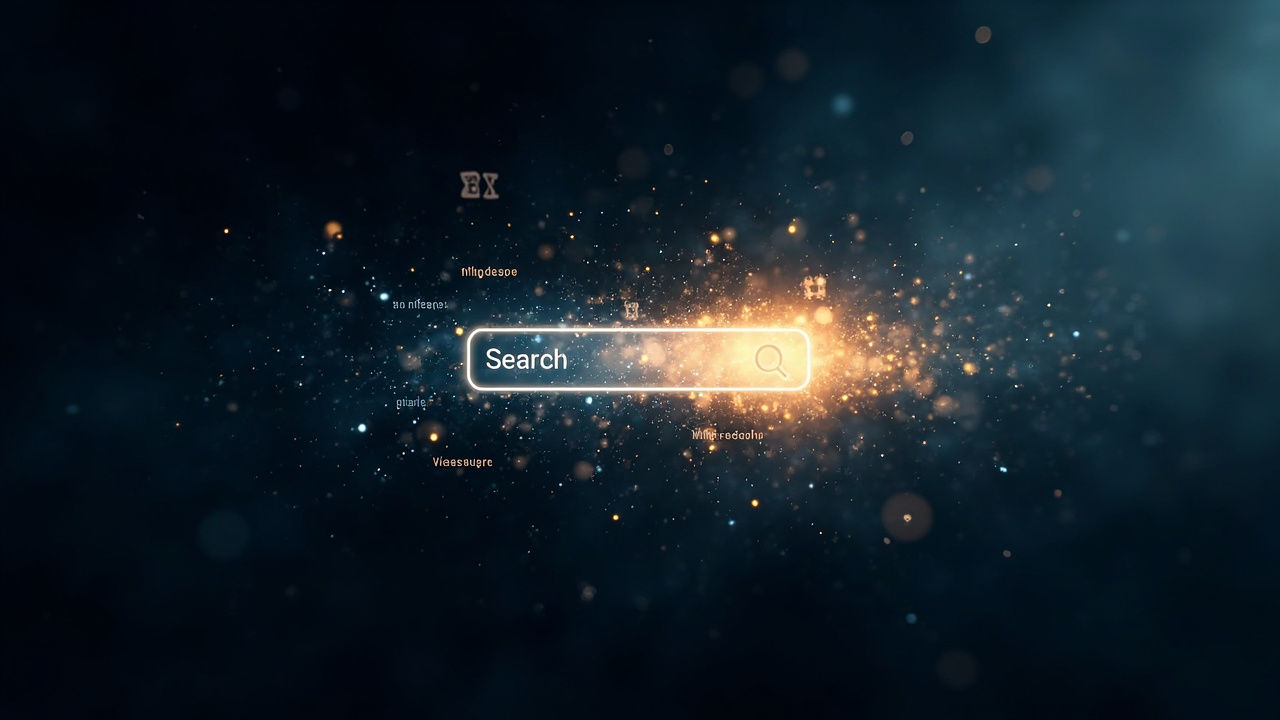 Imagen generada por IA con el prompt: Abstract digital art of a search box dissolving into a glowing AI-generated interface with floating text tokens and subtle auction gavel silhouettes, dark blue and gold tones