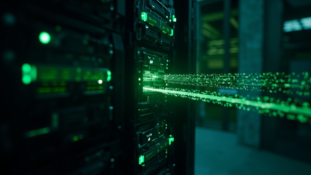 Imagen generada por IA con el prompt: Stylized single rack server with glowing green eBPF gear inside, abstract data streams as light cables, dark modern editorial tech illustration, no logos, no text