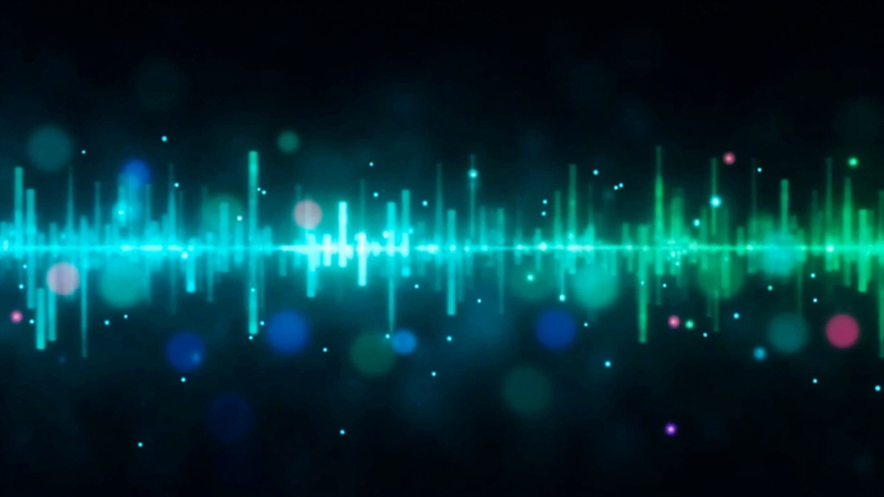 Imagen generada por IA con el prompt: Abstract digital waveform visualization in blue and green neon glow with multiple colored speaker markers floating above, dark background, modern tech aesthetic