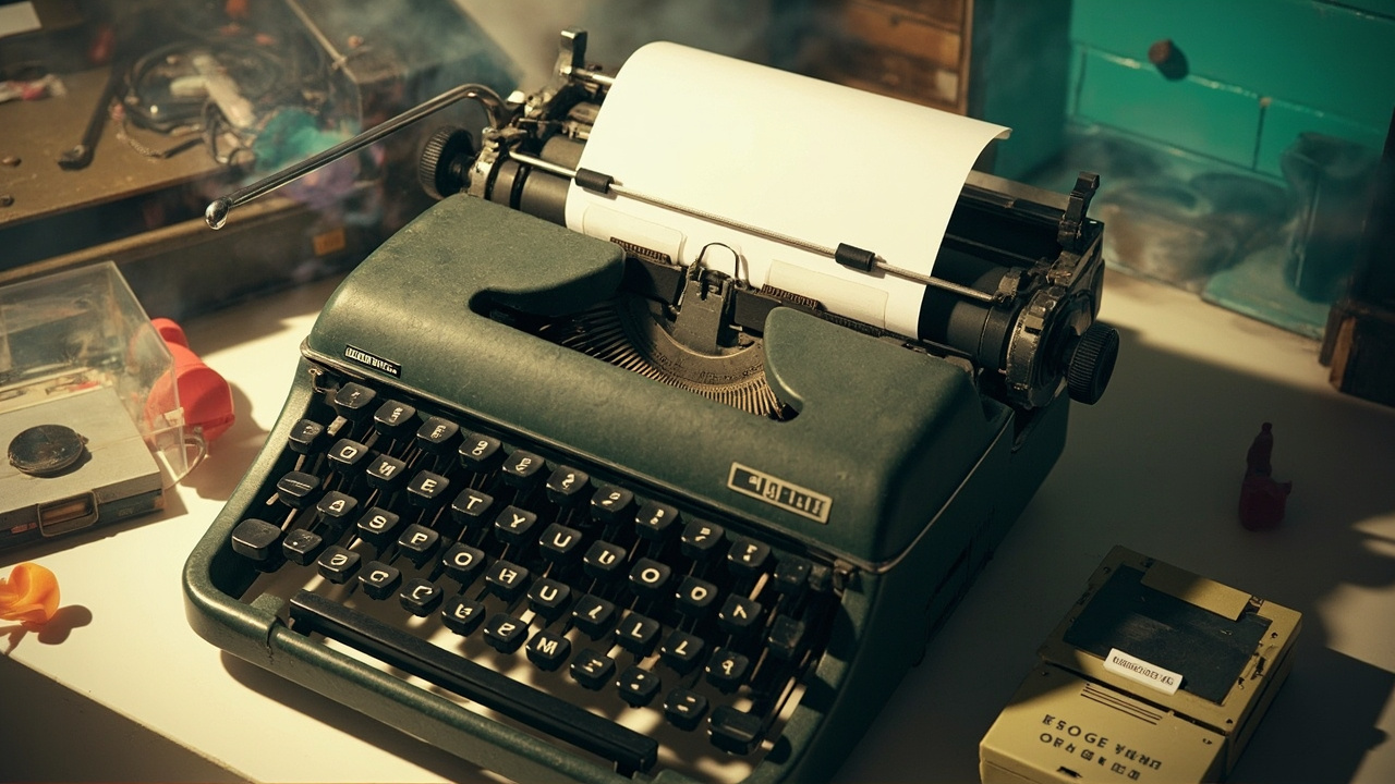 Imagen generada por IA con el prompt: A collage-style editorial illustration mixing a vintage IBM typewriter with a clear perspex shield over its power button, an old floppy drive with a lowered handle, and a stylized macOS confirmation dialog floating on a 