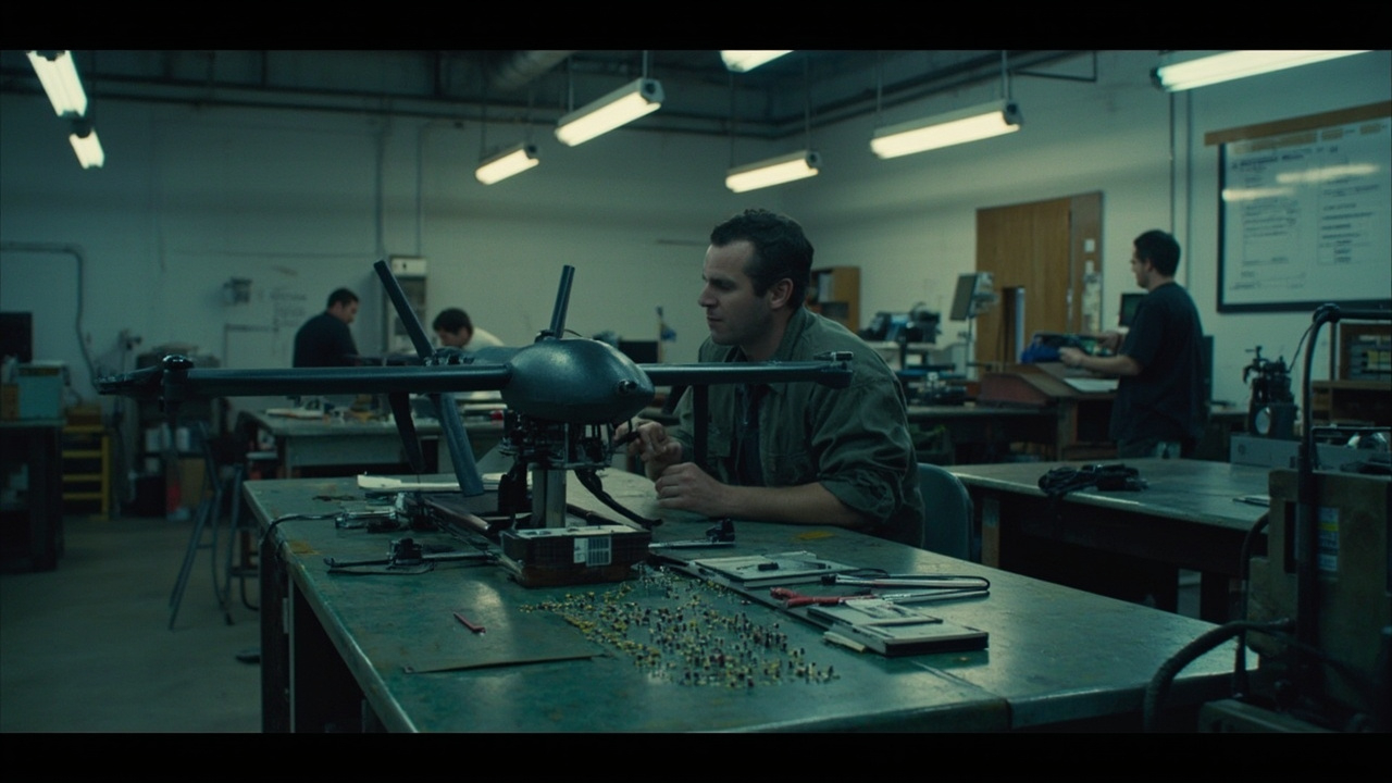 Imagen generada por IA con el prompt: Defense engineering workshop in Austin, drone components and circuit boards on workbenches, soldering station, whiteboard with technical specs, industrial atmosphere, no people visible