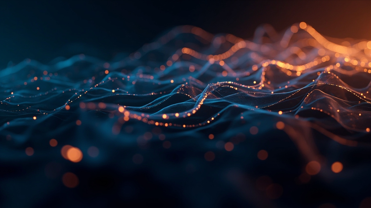 Imagen generada por IA con el prompt: Abstract digital illustration of glowing neural network layers connected by flowing data streams, gradient background in deep blue and amber, clean editorial tech style