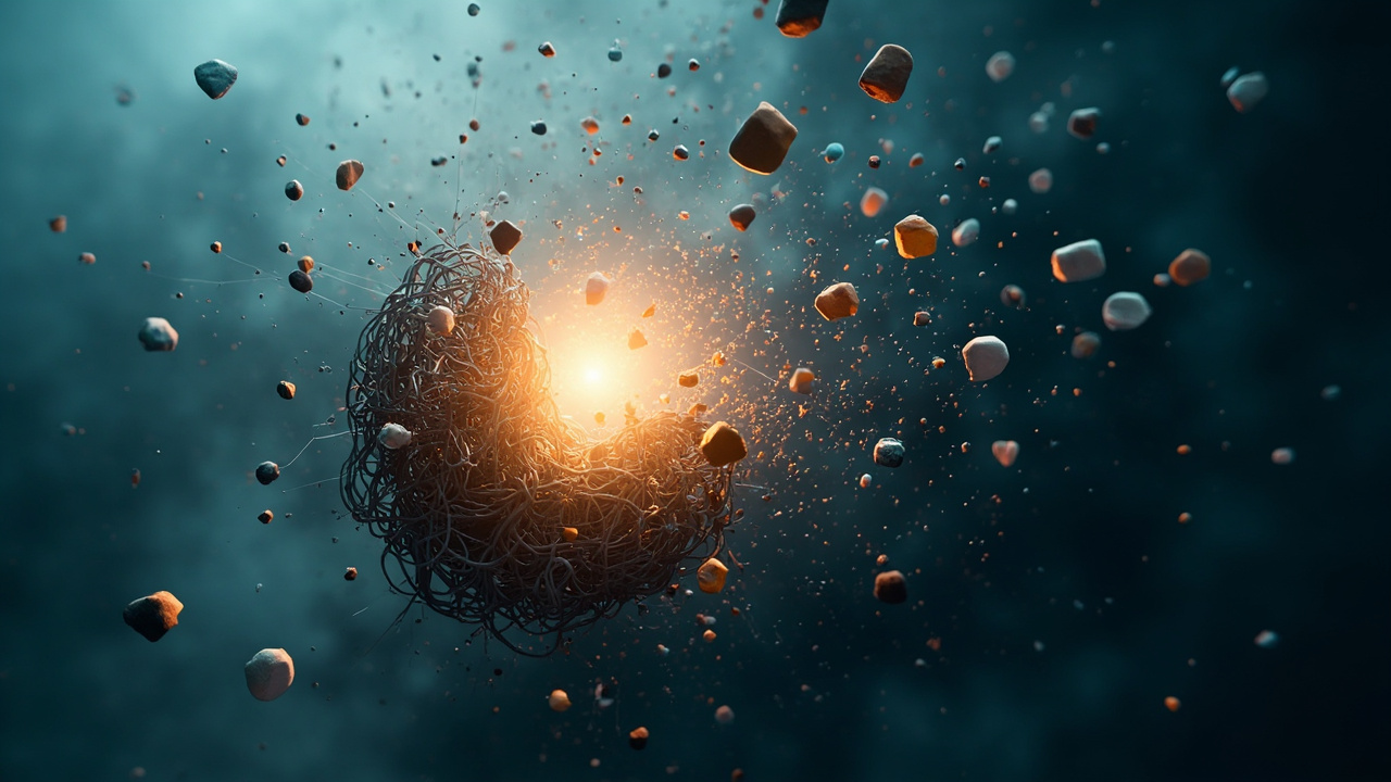 Imagen generada por IA con el prompt: Abstract digital illustration of a neural network architecture being deconstructed, with attention heads and normalization layers floating away, exposing a bright core, minimalist style, blue and orange tones.