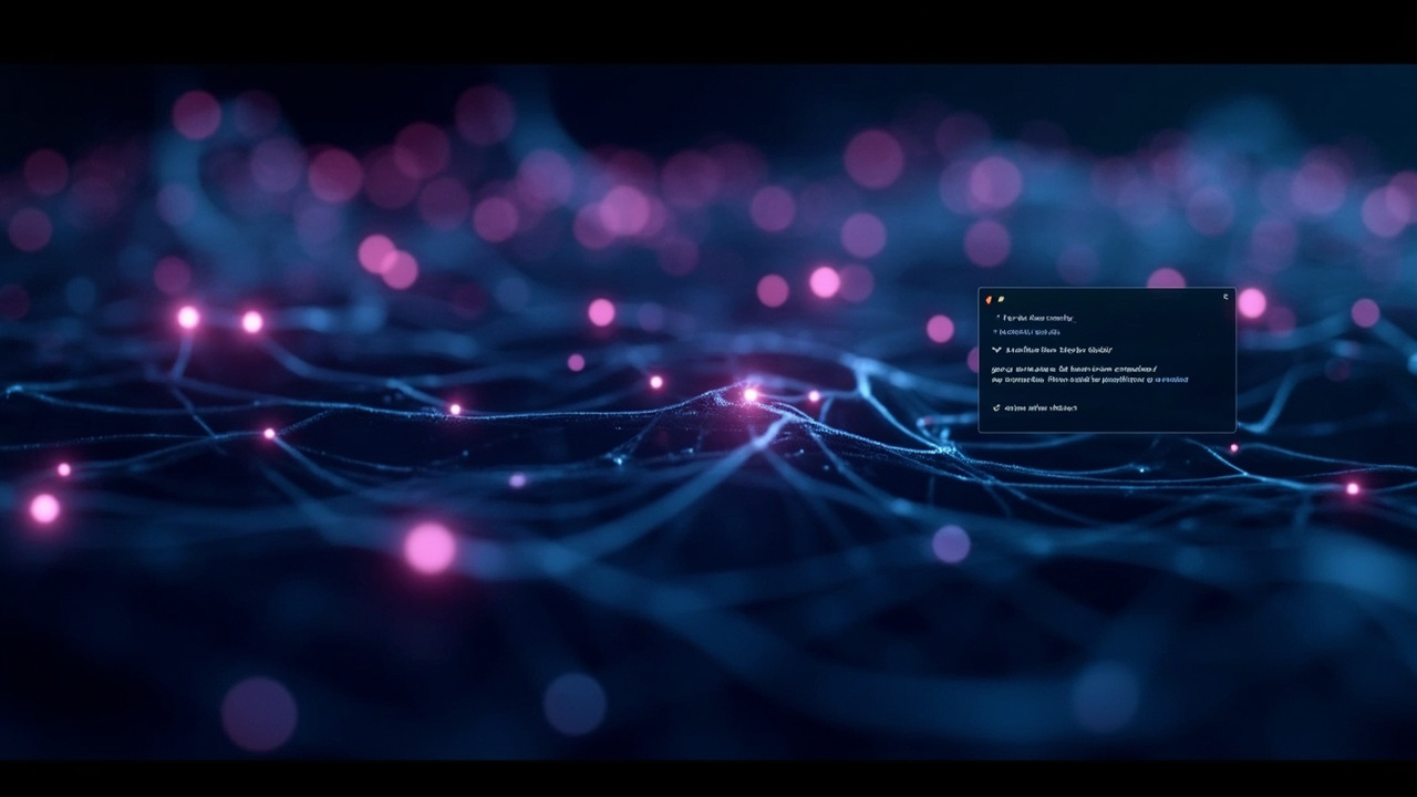 Imagen generada por IA con el prompt: Abstract neural network visualization with glowing nodes and connections, deep blue and purple palette, a small terminal window showing code, dark digital atmosphere, minimal tech style