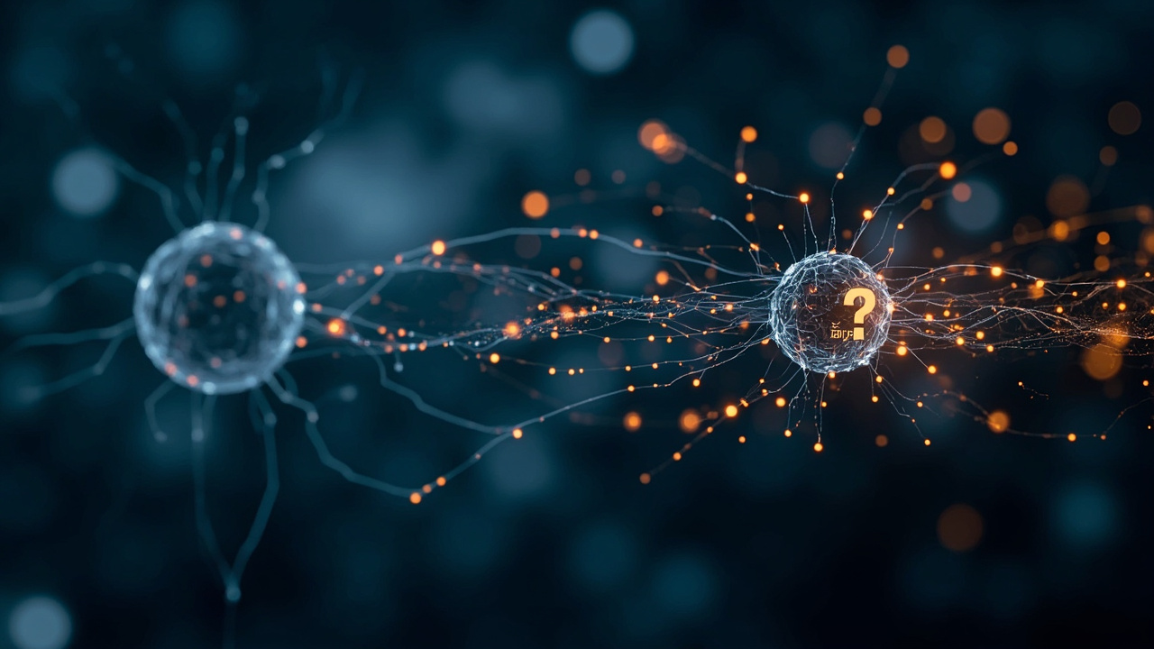 Imagen generada por IA con el prompt: Two abstract neural network nodes connected by glowing data streams, Chinese characters floating between them, one node with a question mark instead of a label, blue and amber color palette, editorial tech illustration s