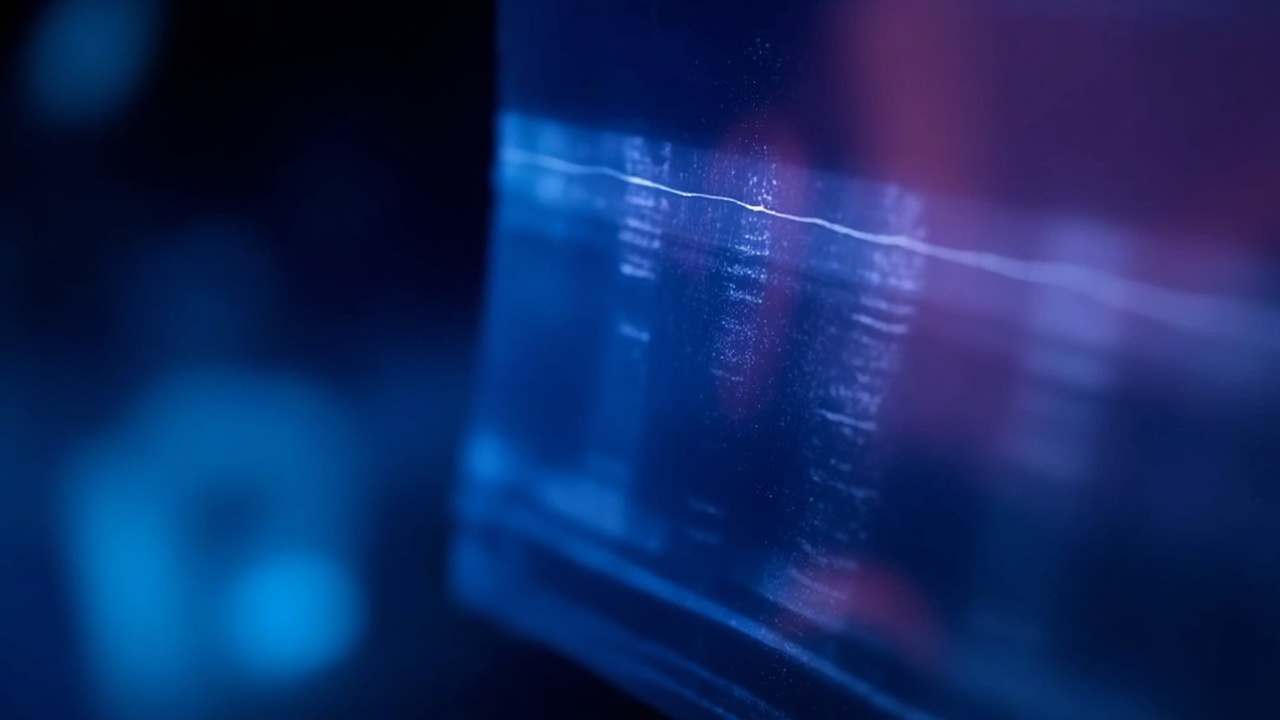 Imagen generada por IA con el prompt: Western blot membrane with protein bands on a dark laboratory background, subtle digital editing artifacts visible, blue and purple tones, editorial scientific illustration style