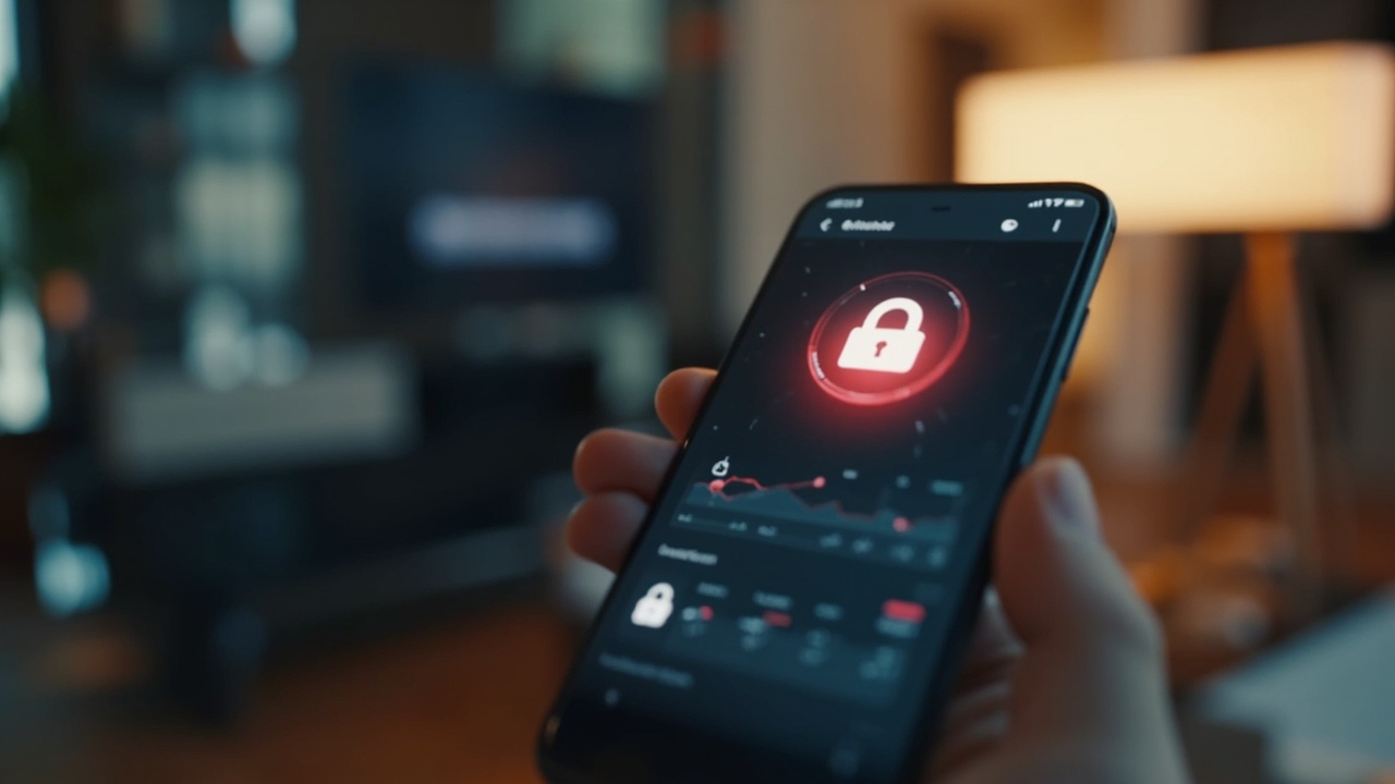 Imagen generada por IA con el prompt: A smart home dashboard on a smartphone screen with a broken padlock icon, a glowing red warning triangle, and a blurred background of a modern living room. No faces or text. Editorial style, clean and alerting.