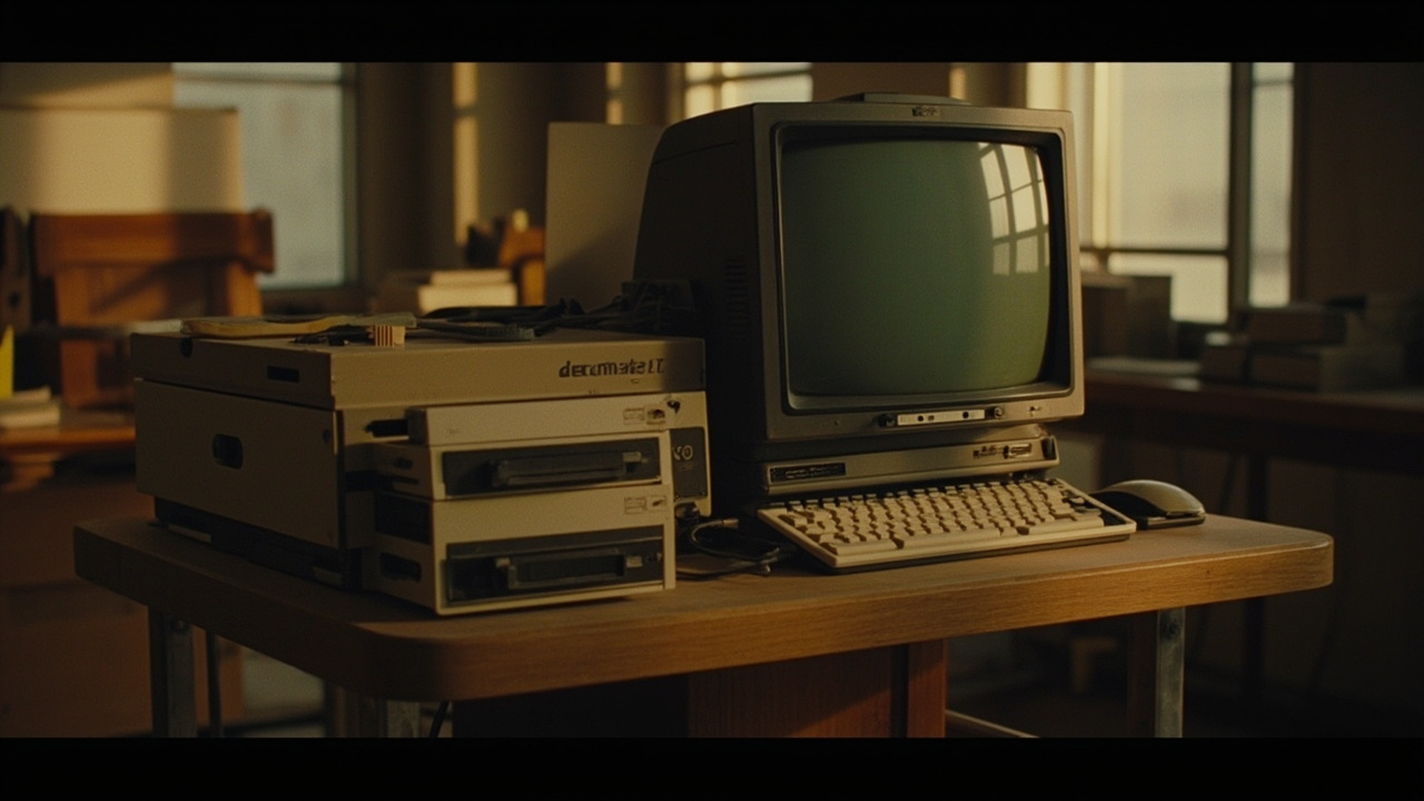 Imagen generada por IA con el prompt: Vintage DECmate II computer on a wooden desk, dual floppy drives, CRT monitor, retro keyboard, warm office lighting, 1980s atmosphere, no people, no text, photorealistic style.