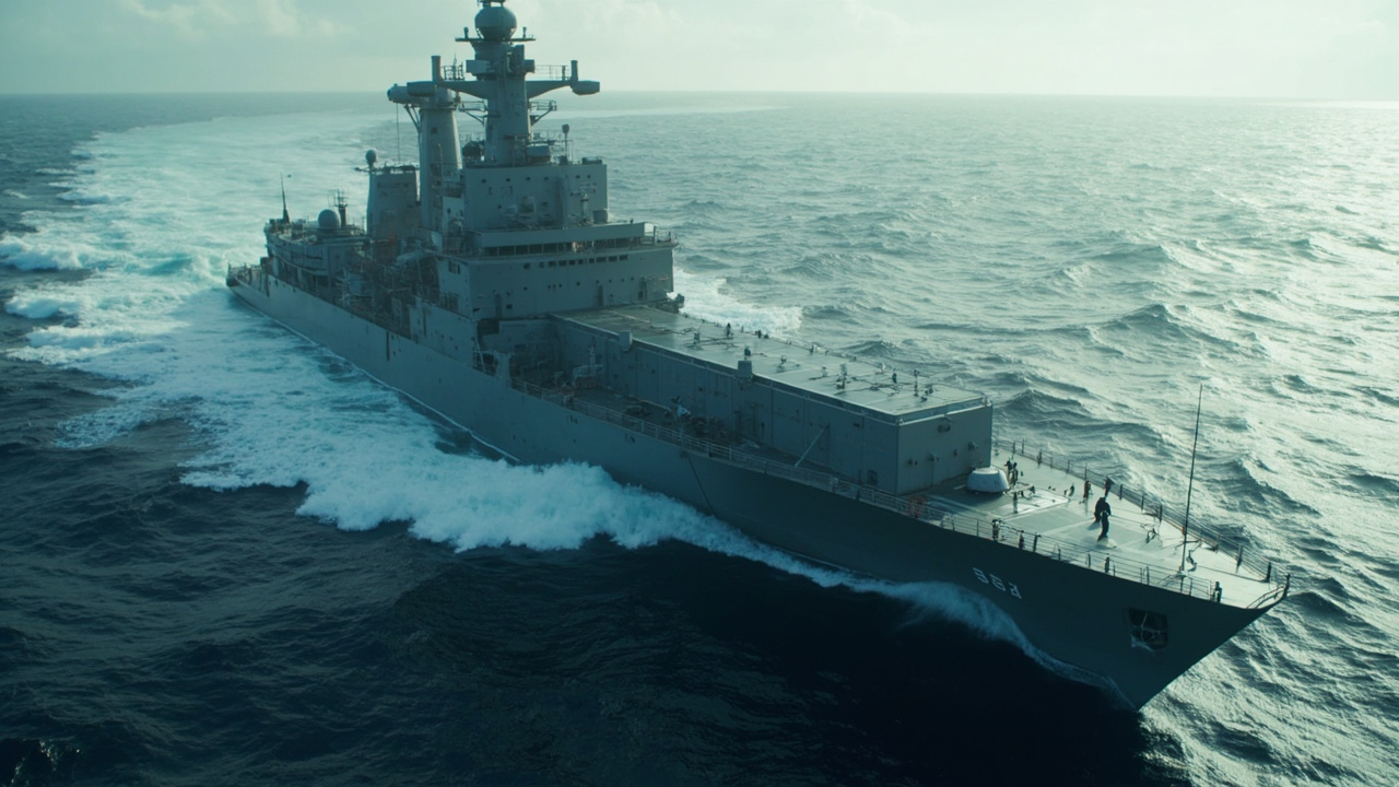 Imagen generada por IA con el prompt: Large 75-meter unmanned naval surface vessel cutting through rough North Atlantic seas, gray modular hull, modular mast with interchangeable sensors, no crew on deck, photorealistic editorial defense style, no logos, no 