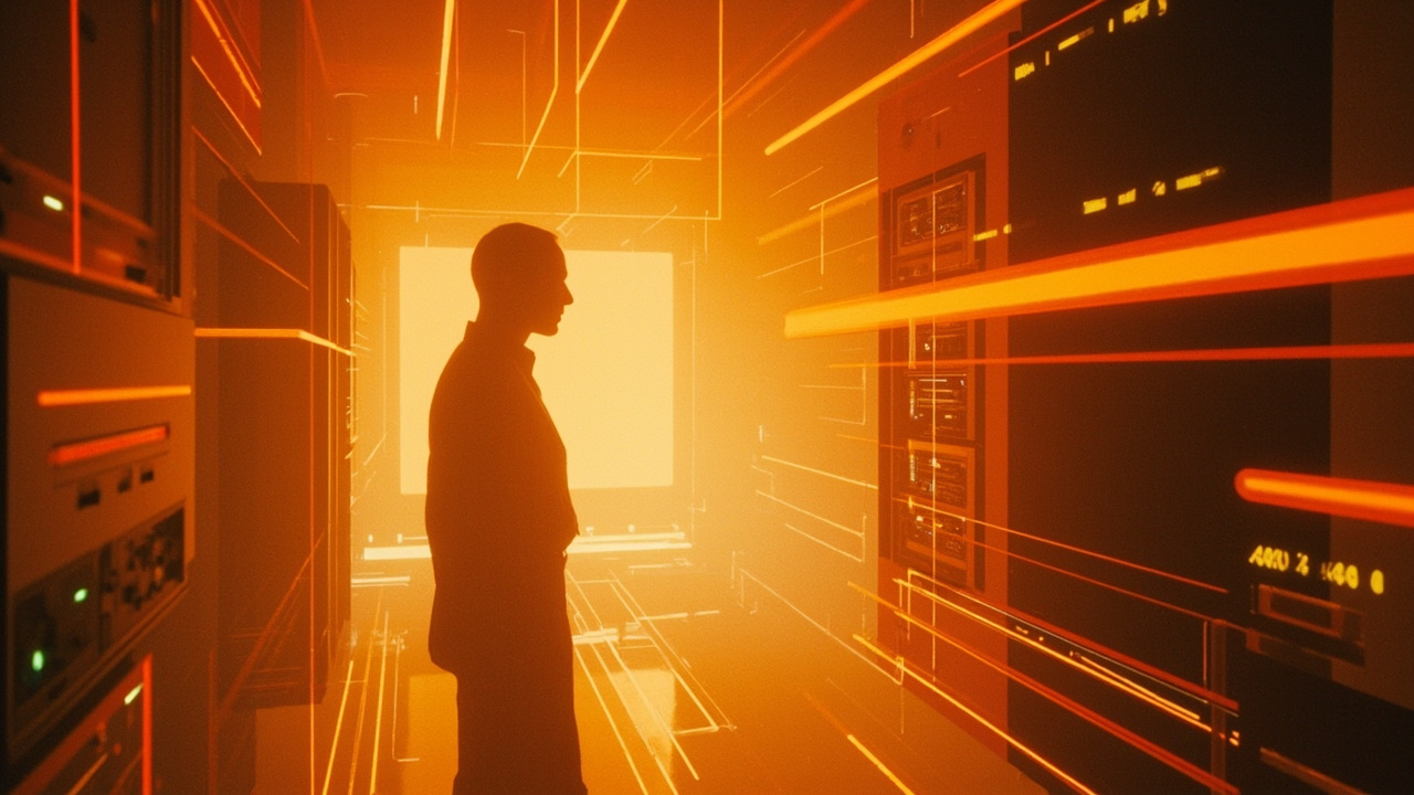 Imagen generada por IA con el prompt: 1960s-style illustration of a human silhouette and a glowing mainframe computer connected by abstract light beams, warm amber tones, mid-century technical aesthetic, no faces or logos or text