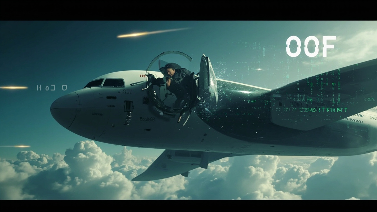 Imagen generada por IA con el prompt: A stylized illustration of an airplane in flight with a passenger being ejected from the side door, with code symbols and 'OOF' text overlay, dark tech style, no logos.