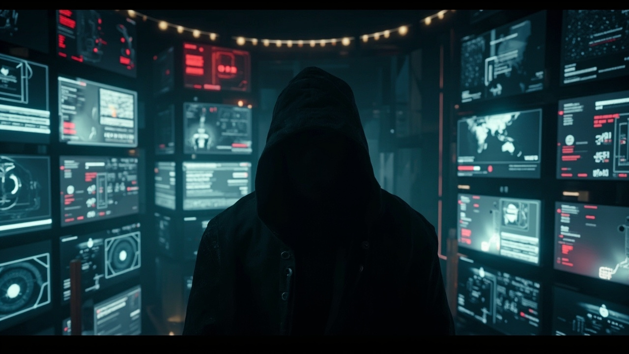 Imagen generada por IA con el prompt: A hooded figure in a dark room, multiple glowing screens displaying AI interfaces and government network nodes, cyber attack visualization, digital red alerts, abstract representation, editorial style, no identifiable fa