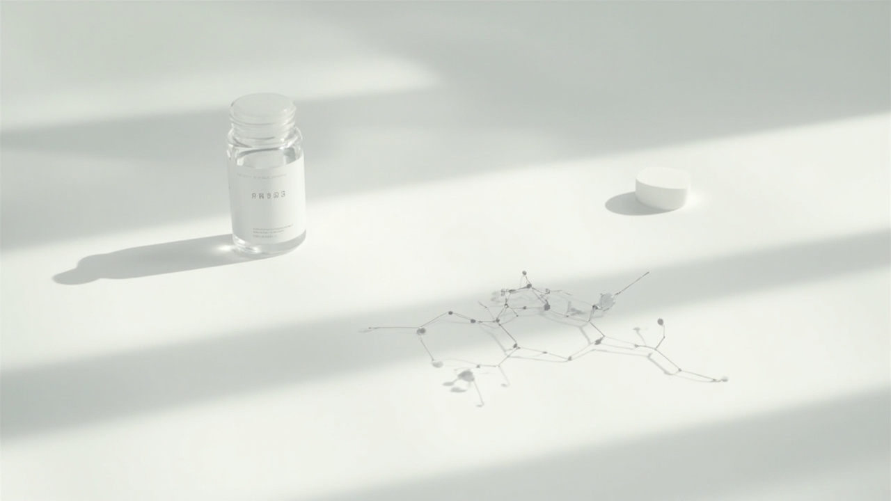 Imagen generada por IA con el prompt: Minimalist editorial still life: a translucent supplement bottle beside a faint molecular structure sketch on a matte white surface, soft daylight, clean clinical aesthetic, no text or logos.