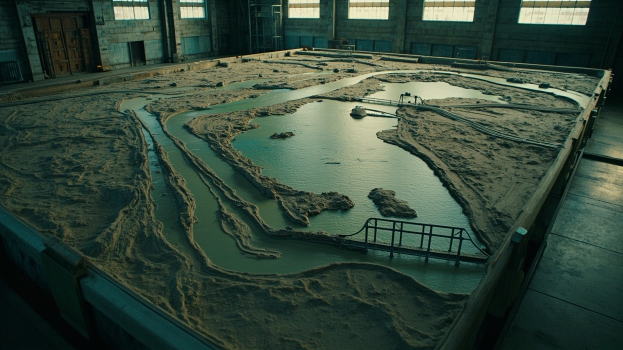 Imagen generada por IA con el prompt: Aerial view of a large concrete hydraulic scale model of San Francisco Bay, with intricate waterways, bridges, and delta channels, in a spacious industrial hall, soft lighting, educational setting, no people, no text.