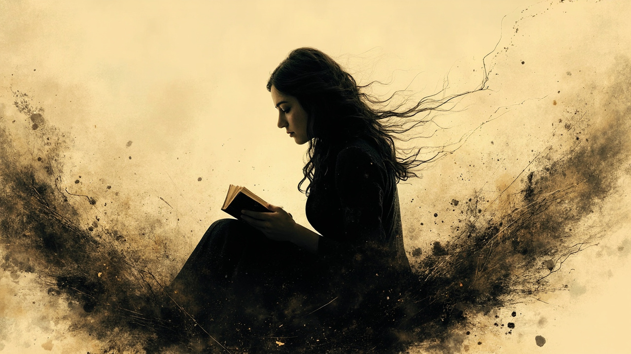 Imagen generada por IA con el prompt: Silhouette of a woman with a book, surrounded by Persian motifs in sepia and ink strokes. Fading trail representing memory and sadness. No faces, no text.