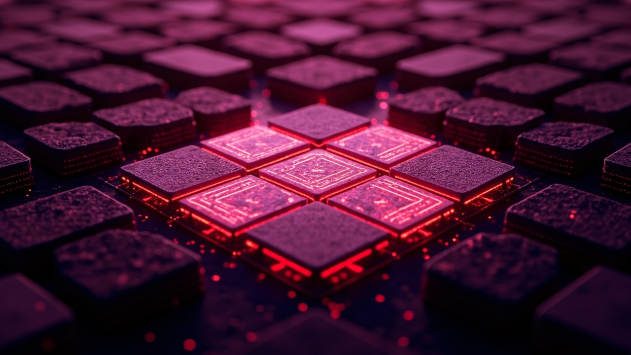 Imagen generada por IA con el prompt: Infrared micrograph of a silicon die showing rectangular SRAM macro blocks with central spines, dark transistor-heavy arrays, technical editorial style, no logos