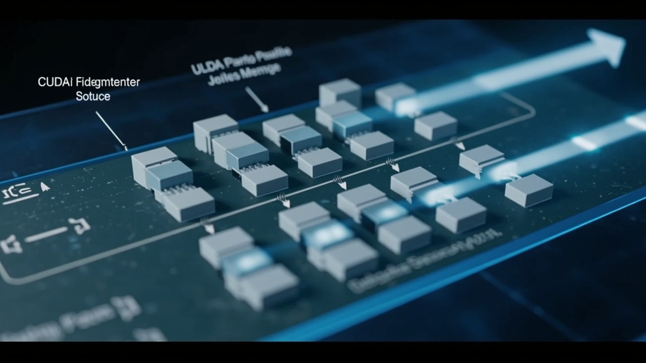 Imagen generada por IA con el prompt: Visual diagram of CUDA memory segments and blocks, showing fragmentation with separate segments and merging after expandable segments. Technical style, blue and gray, no text or faces.